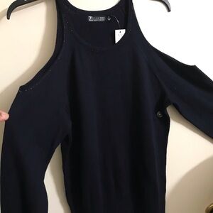 NY&C Dark Blue Cold Shoulder Sweater with rhinestones